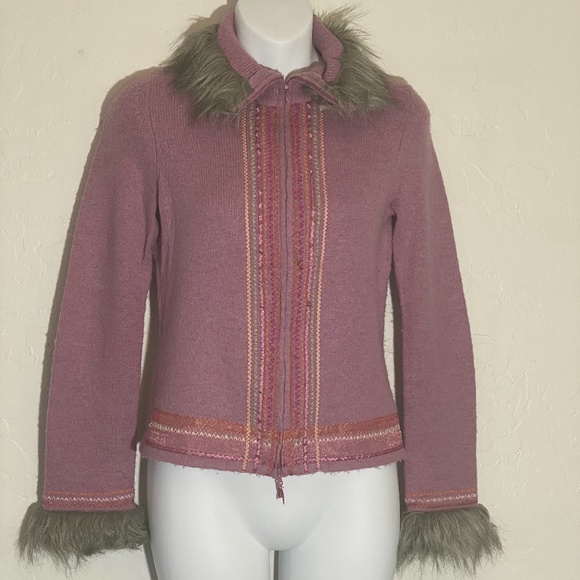 easel Sweaters - Vintage Fur trim fair Isle cardigan by Easel